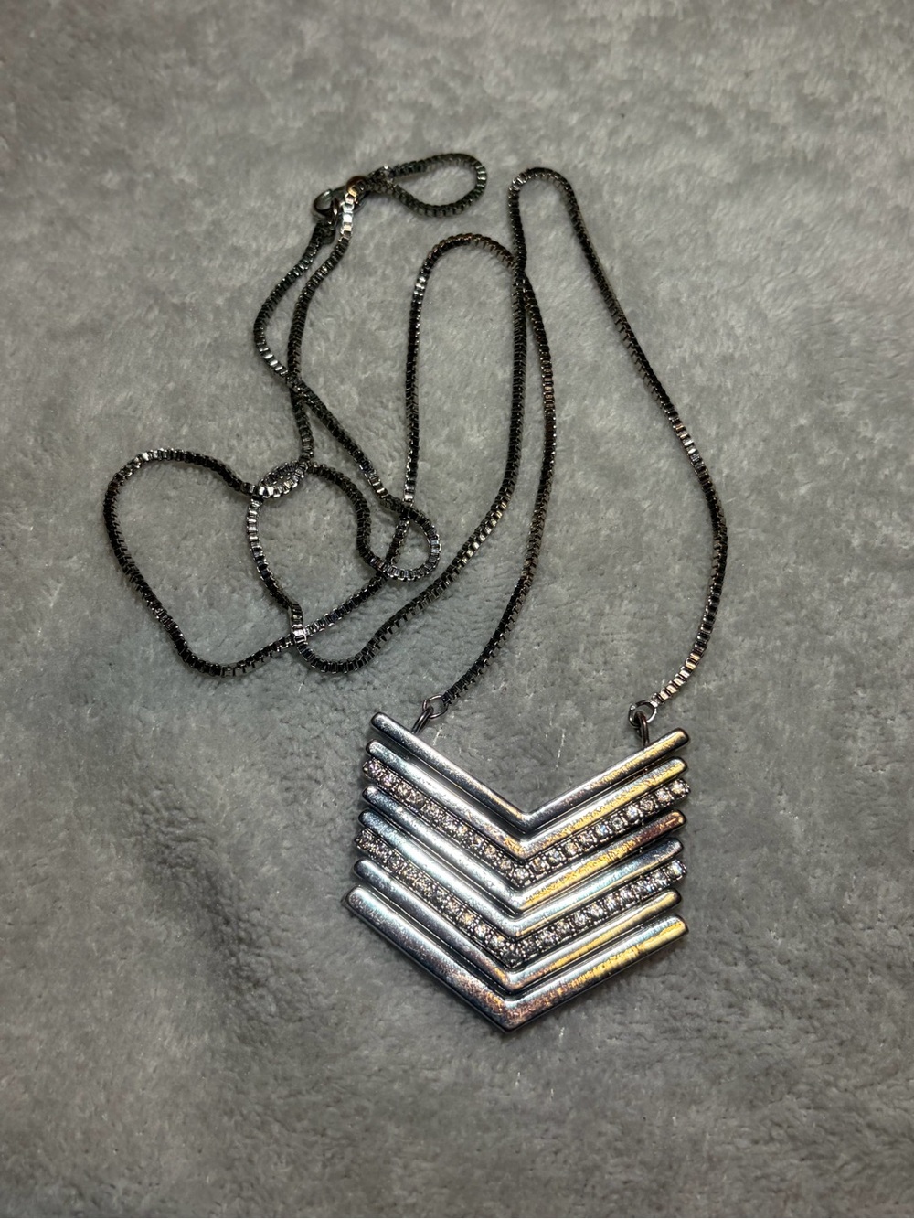 Silver Tone Geometric Chevron Rhinestone Statement Pendant Necklace